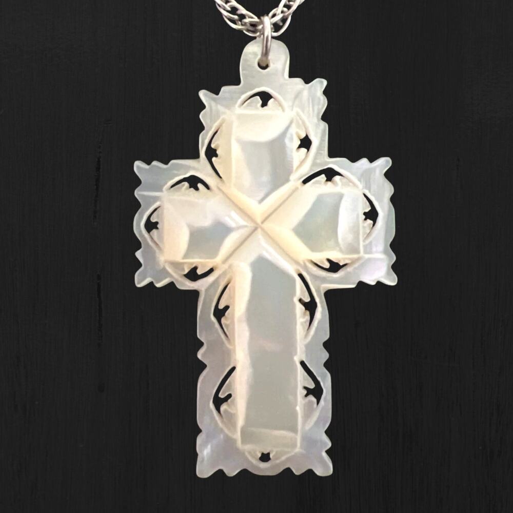 Mother of Pearl Carved Cross Pendant Hand-Carved in Bethlehem 925 Chain